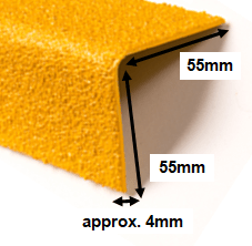 close up of an anti-slip GRP nosing showing the dimensions as 55mm x 55mm and 4mm thick