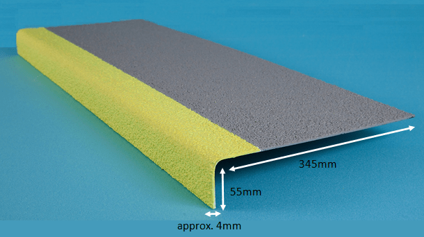 a GRP stair tread cover with arrows showing the dimensions of 4mm thick, 345mm width with a 55mm overhang